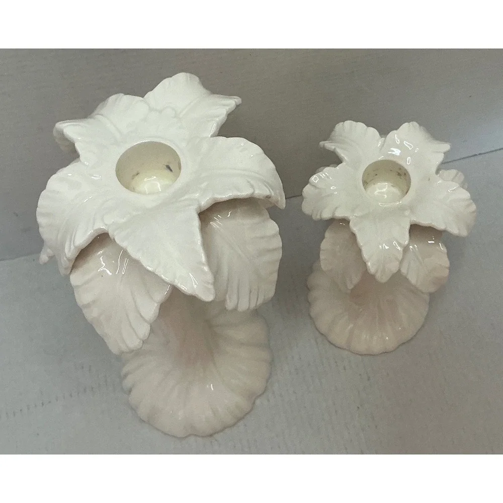 Fitz and Floyd Vintage Palm Tree Candle Holders White Ceramic Tropical Set of 2